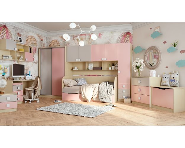 Система хранения над кроватью Грэйси (Розовый/Серый/корпус Клен)