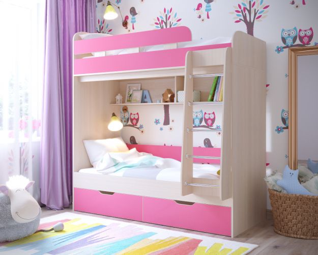 Кровать двухъярусная Юниор-5 Дуб молочный/Розовый